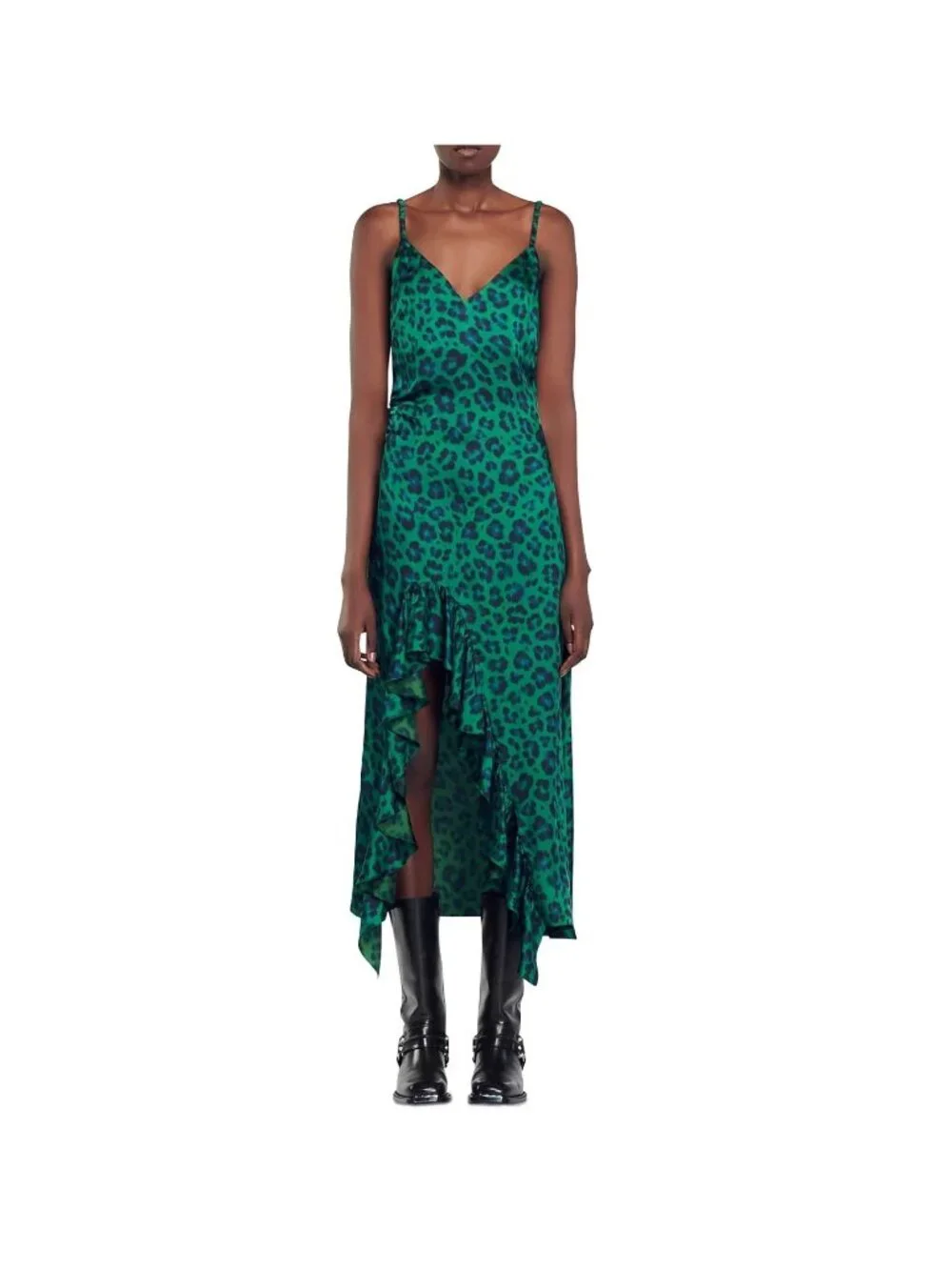 Sandro Amazonie Leopard Print Satin Midi Slip Dress Green Animal Print US 4 - Picture 3 of 16